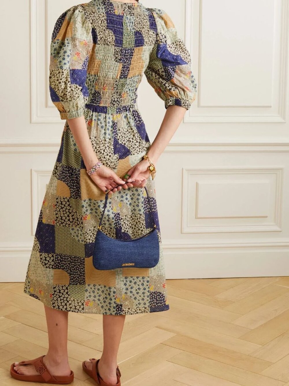 SEA New York Louie Midi Dress Puff sleeve Smocked Cotton Patchwork Cottagecore - Picture 5 of 16